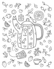 Beautiful cartoon coloring page with teapot, leaves and flowers on white backdrop. Antistress coloring floral background.