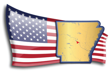 U.S. states - map of Arkansas against an American flag. Rivers and lakes are shown on the map. American Flag and State Map can be used separately and easily editable.