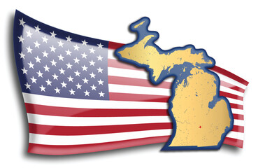 U.S. states - map of Michigan against an American flag. Rivers and lakes are shown on the map. American Flag and State Map can be used separately and easily editable. - 543676269