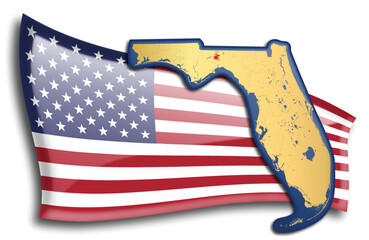 U.S. states - map of Florida against an American flag. Rivers and lakes are shown on the map. American Flag and State Map can be used separately and easily editable. - 543676280