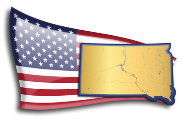 U.S. states - map of South Dakota against an American flag. Rivers and lakes are shown on the map. American Flag and State Map can be used separately and easily editable.