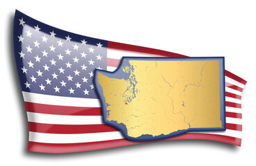 U.S. states - map of Washington against an American flag. Rivers and lakes are shown on the map. American Flag and State Map can be used separately and easily editable.