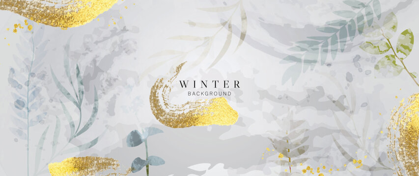 Watercolor abstract winter botanical leaves background vector illustration. Hand drawn winter leaf branches with gold brush stroke texture. Design for print, banner, poster, wallpaper, decoration.
