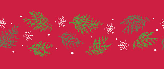 Fototapeta na wymiar Winter botanical leaves seamless pattern red background. Vector illustration element of winter snowflakes, snow, star, pine leaf branches. Design for textile, print, banner, poster, wallpaper, decor.