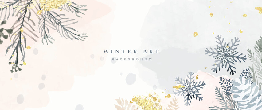 Watercolor winter botanical leaves background vector illustration. Hand drawn winter leaf branches, snowflakes with gold brush stroke texture. Design for print, banner, poster, wallpaper, decoration.