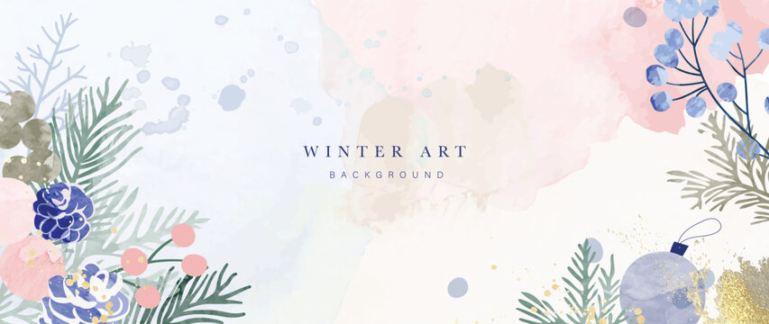 Watercolor winter botanical leaves background vector illustration. Hand drawn winter leaf branch, pine, bauble with gold brush stroke texture. Design for print, banner, poster, wallpaper, decoration.