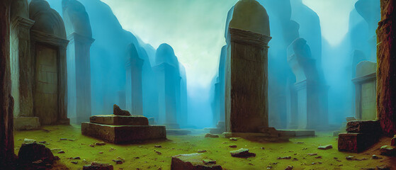 Artistic concept illustration of a scary underground temple with sarcophagus, background illustration.