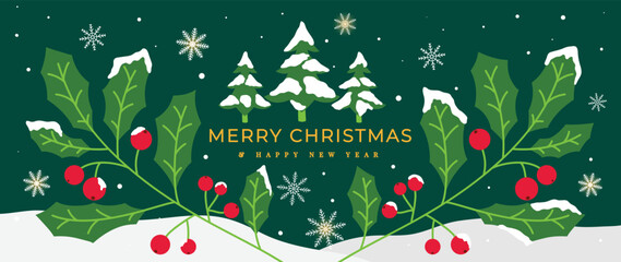 Merry christmas and happy new year concept green background vector. Decorative christmas trees, snowflakes, snow, holly branches. Design for banner, invitation, card, greeting, cover, poster.