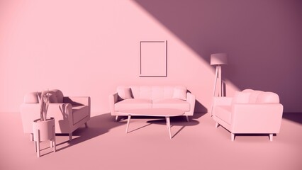 Pink living room 3D rendering monochrome space with sofa and table