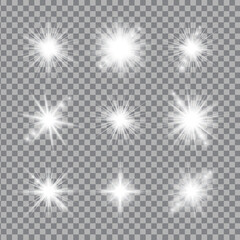 White light glow effect, light rays set. Radiant flash, lens flare, vector illustration