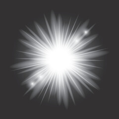 White light glow effect, light rays. Radiant flash, lens flare, on dark background, vector illustration