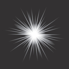 White light glow effect, light rays. Radiant flash, lens flare, on dark background, vector illustration