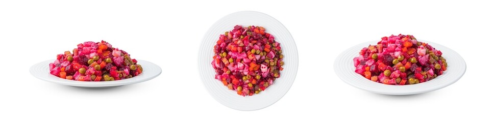 Vinaigrette, vegetable salad with peas and sauerkraut and fresh herbs is isolated on a white background. A set, in different angles of the salad.