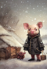 Pencil drawing. Artwork. Pretty piglet adventurer. Winter.