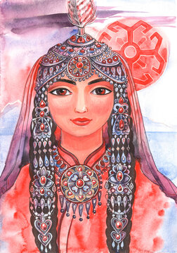 Turkmen oriental girl in a historical headdress, red costume and jewelry, with a decorative image of the sun in watercolor, handmade.