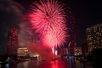 Amazing beautiful colorful fireworks display on celebration night Happy New Year.