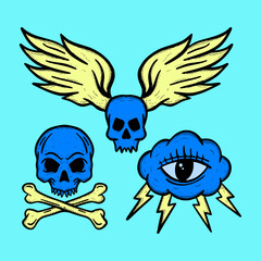 Fototapeta premium Collection set blue skull Illustration hand drawn sketch colorful for tattoo, stickers, etc