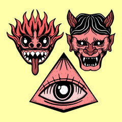 Obraz premium Collection set red devil art Illustration hand drawn sketch colorful for tattoo, stickers, etc