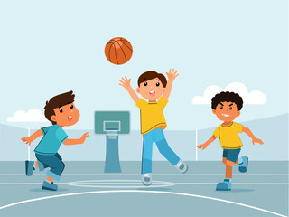 Children play basketball in the outdoor basketball court.