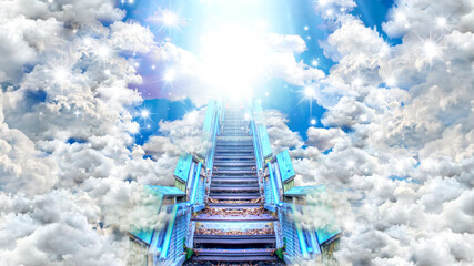 Stairway Through Clouds Leading To Heavenly Light.rendering 3D - obrazy, fototapety, plakaty