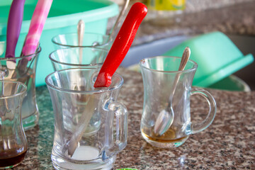 Unwashed dishes in a kitchen