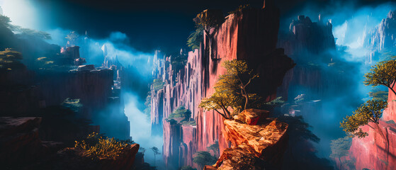 Artistic concept illustration of a canyon in the mist of glowing light, background illustration.