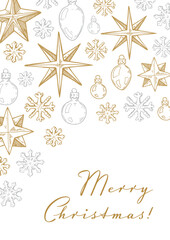 Fototapeta na wymiar Merry Christmas and Happy New Year vertical greeting card with hand drawn golden stars and toys on white background. Vector illustration in sketch style