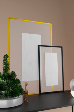 Frame mockup with Christmas tree and deer. 3d render