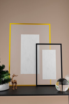 Frame mockup with Christmas tree and deer. 3d render