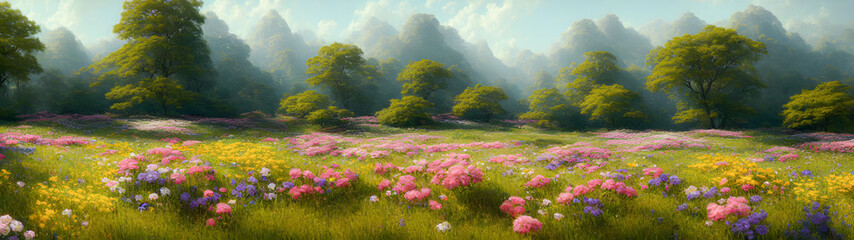 Artistic concept of painting a beautiful landscape of wild nature, with flowery meadows in the background. Tender and dreamy design, background illustration.
