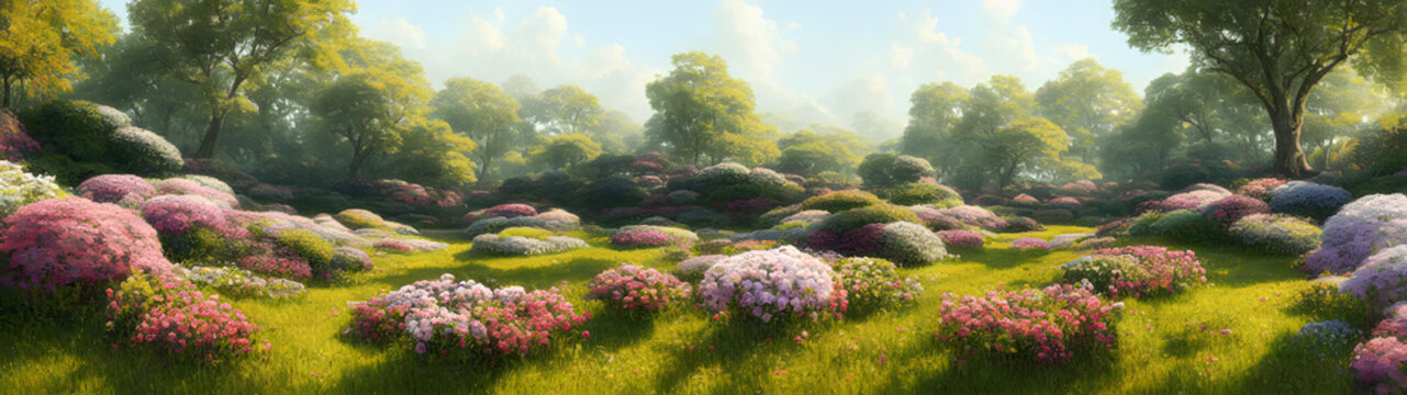 Artistic concept of painting a beautiful landscape of wild nature, with flowery meadows in the background. Tender and dreamy design, background illustration.