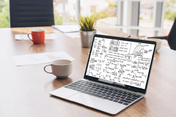 Mathematic equations and modish formula on computer screen showing concept of science and education