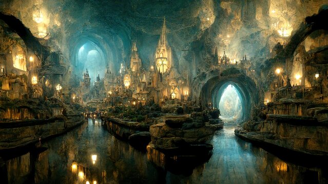 City inside the cave, magical passages and gates, ancient fantasy landscape 
