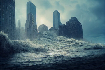 Concept art illustration of massive tsunami wave flooding big city - obrazy, fototapety, plakaty