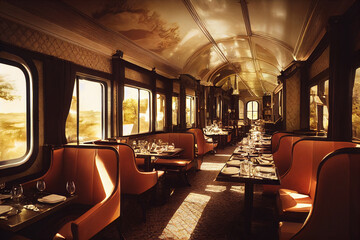 Concept art illustration of luxury dining car interior of train