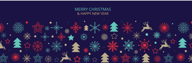 Naklejka na ściany i meble Merry Christmas poster, New Year composition, deer, fir tree, snow, snowflake, star. Happy year.