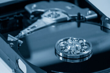Close-up scene of the computer hard disk in the light blue scene.