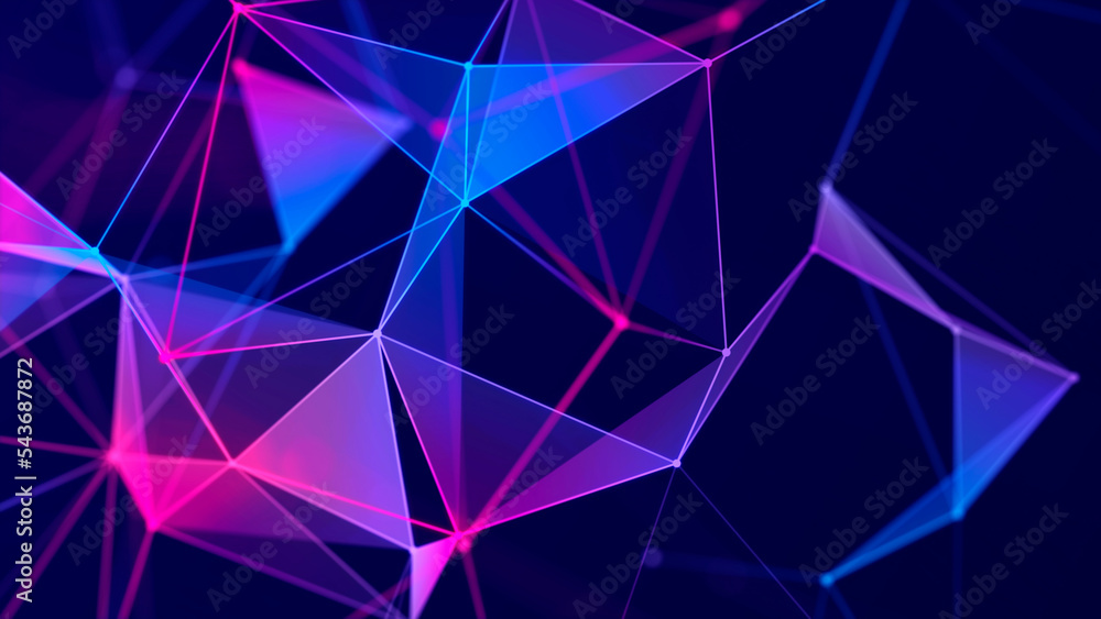 Poster Abstract polygonal space with connecting dots and lines. Dark background. Connection structure. 3d Widescreen