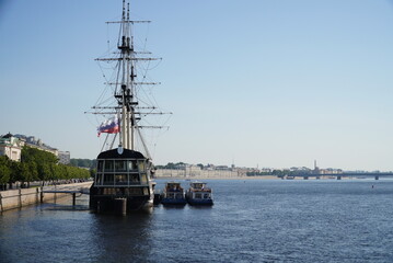 Saint Petersburg, Russia - August 20, 2022: View of the Neva River. The sailboat Grace at the...