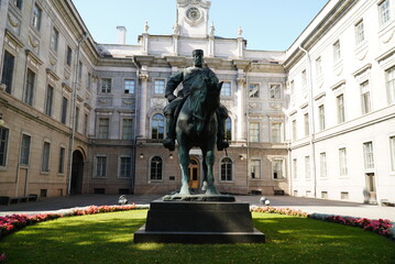 Saint Petersburg, Russia - August 20, 2022: Monument to Emperor Alexander III in front of Marble Palace in St. Petersburg
