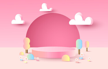 Pink stage on cloud rendering background. clouds, podium, tree, flower.paper cut and craft style.