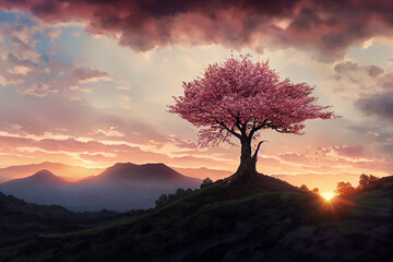 sunset in the mountains with Cherry trees