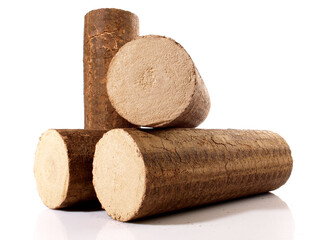 Round Hardwood Sawdust Briquettes - Compressed Biomass Wood Fire Logs isolated on white Background