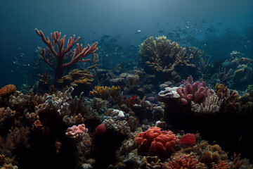 the view under the sea with the beauty of colorful coral and a variety of fish.