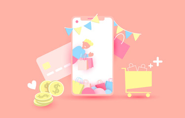 man holding shopping bags online shoppingg, free space, smartphone, money