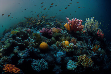 Naklejka na ściany i meble the view under the sea with the beauty of colorful coral and a variety of fish.