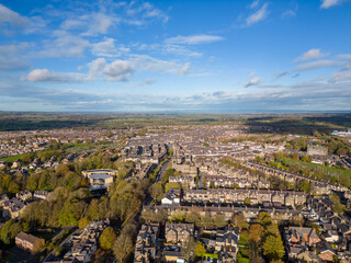 Aerial landscape view of the Harrogate town skyline in North Yorkshire, UK