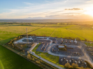 Aerial view of National Grid energy pipes in Pannal, North Yorkshire, UK