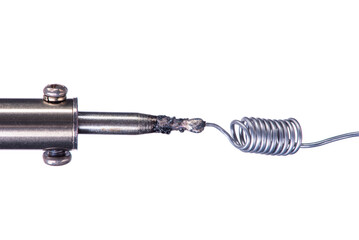 Soldering iron and tin, electronics workshop equipment, isolated on white background