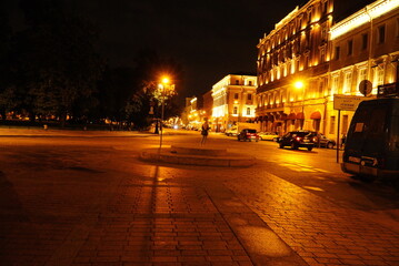 Beautiful night street with lighting in St. Petersburg. Saint Petersburg, Russia - August 20, 2022: